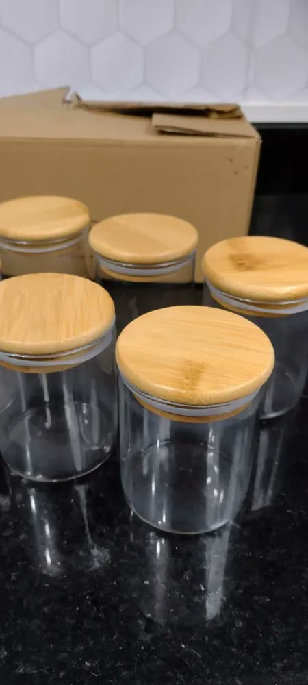 foto de Kit com 6 Potes Organizadores de Vidro de 200ml 4Fitness, Tampa em Bambu, Vedação Hermética, Porta Temperos, Acompanha Etiquetas e Caneta