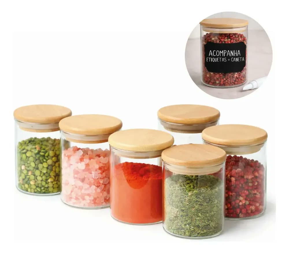Kit com 6 Potes Organizadores de Vidro de 200ml 4Fitness, Tampa em Bambu, Vedação Hermética, Porta Temperos, Acompanha Etiquetas e Caneta