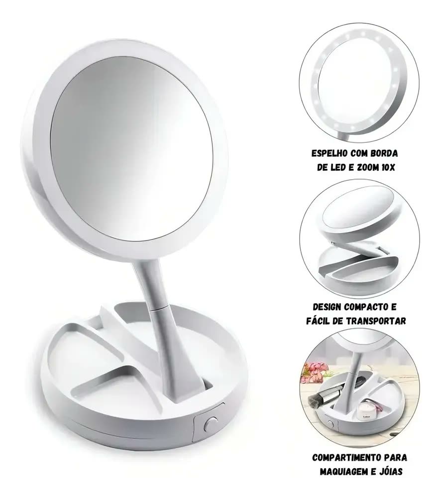 Espelho Maquiagem MinyMix Redondo Com Luz LED Aumento 10x Portátil Dobrável