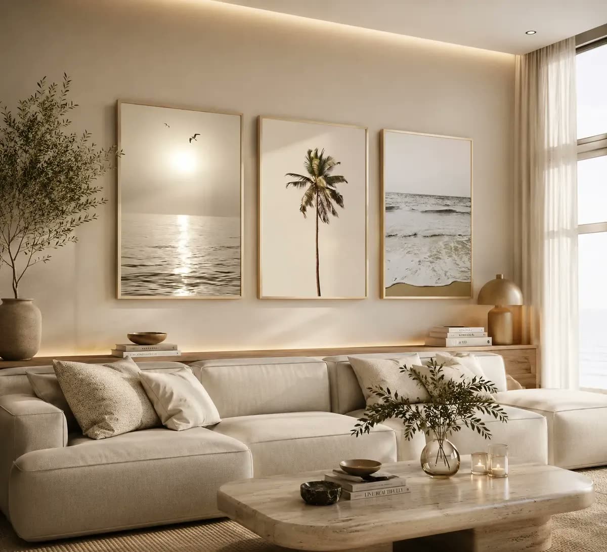 Quadros Decorativos Boho Bege Praia Coqueiro Sala Quarto Lar