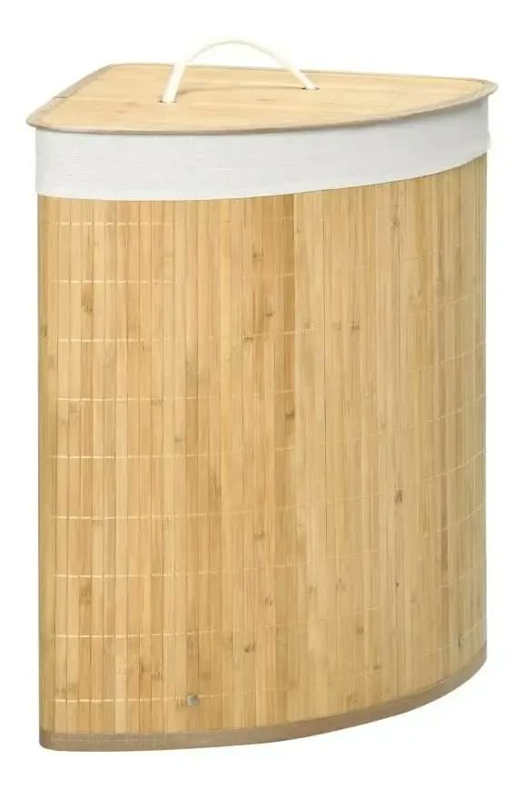 Cesto de bambu Triangular Mageal na cor Bege Ecológico Forrado Roupas Sujas Banheiro E Lavanderia