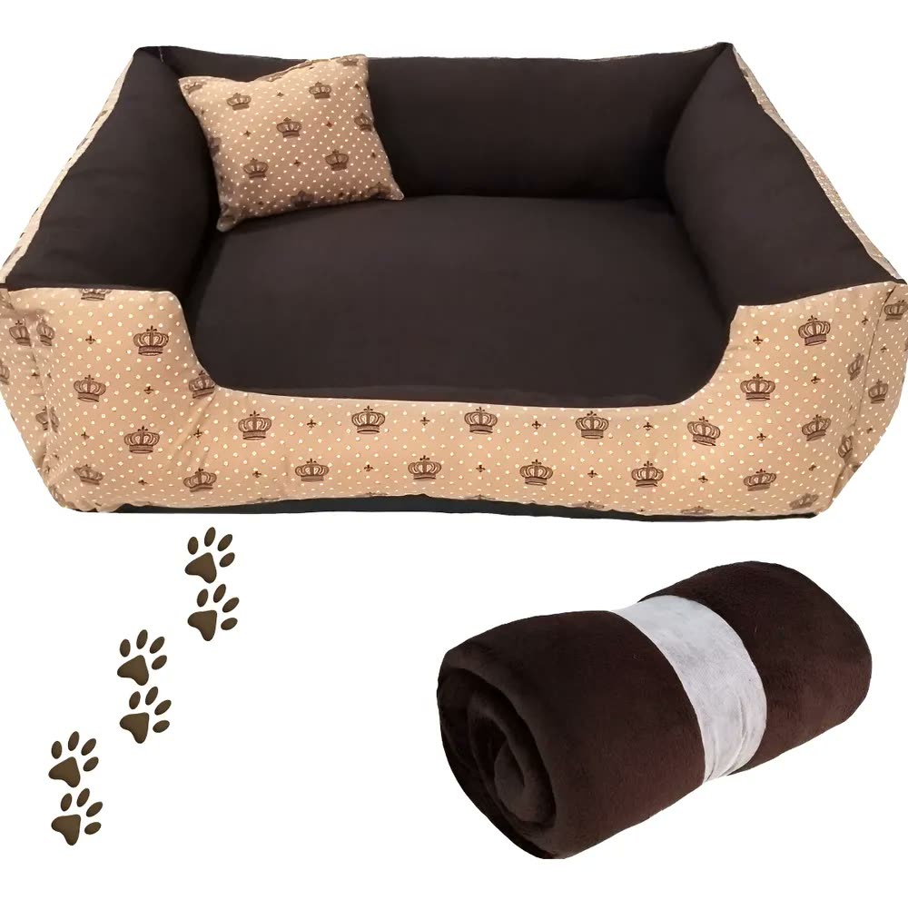 Kit Caminha Berço para Cachorro e Gato Média 60x60cm Marrom Coroa Lavável