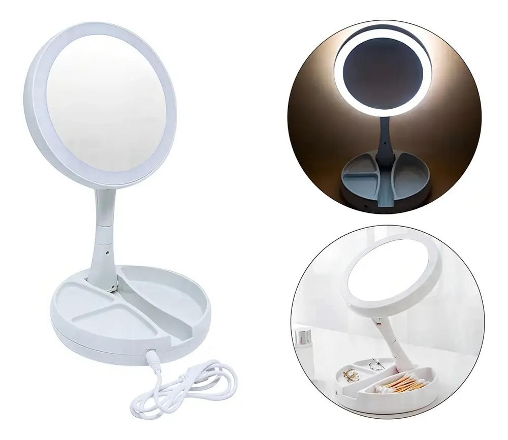 Espelho LED Articulado Branco Aumento 1x 10x Maquiagem Dobrável
