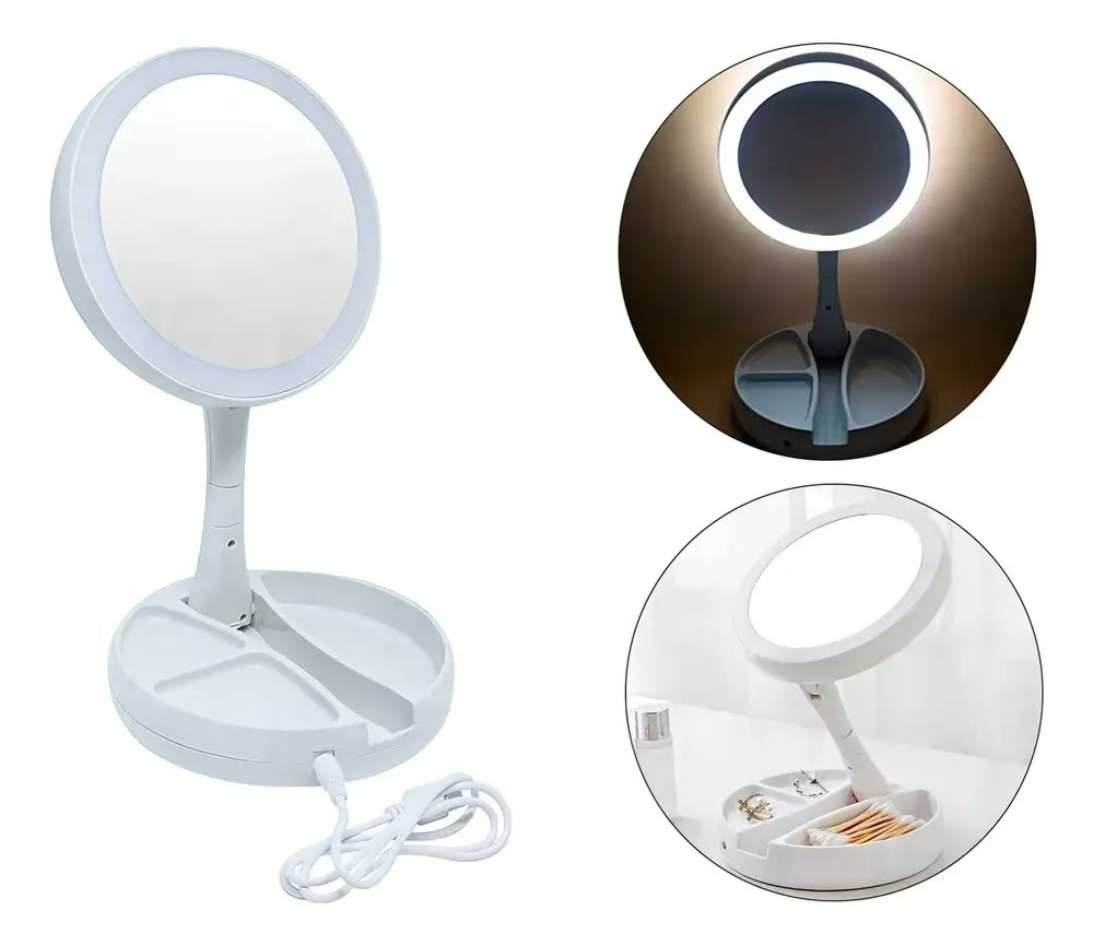 Espelho LED Articulado Branco Aumento 1x 10x Maquiagem Dobrável