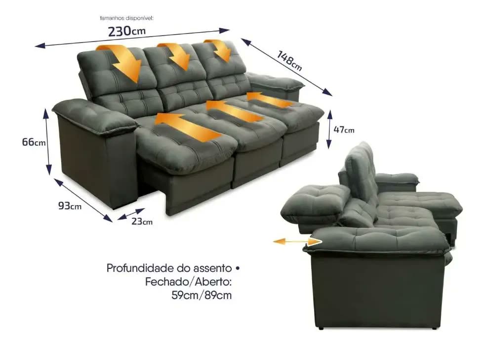 Sofá Retrátil Reclinável Atenas 2,30m Suede Velut Cinza
