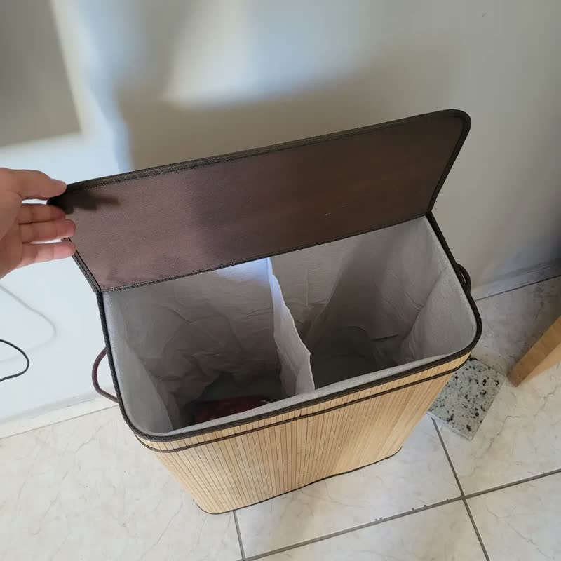 foto de Cesto Roupa Suja Grande Duplo Bambu Dobrável Com Tampa 100L