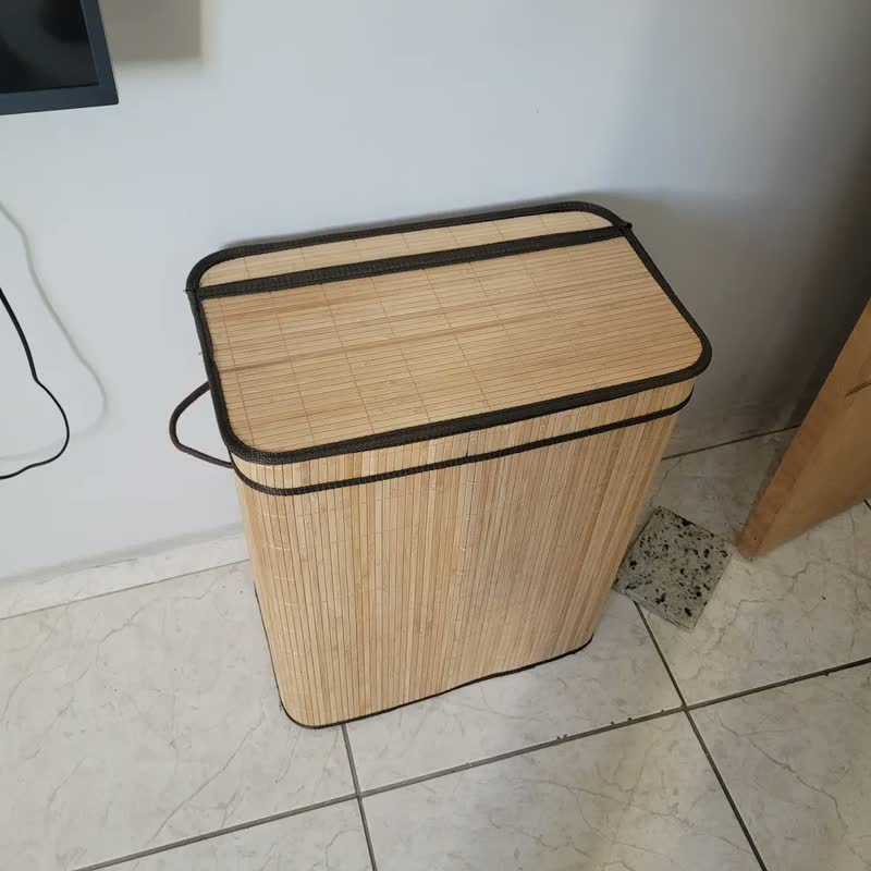 foto de Cesto Roupa Suja Grande Duplo Bambu Dobrável Com Tampa 100L