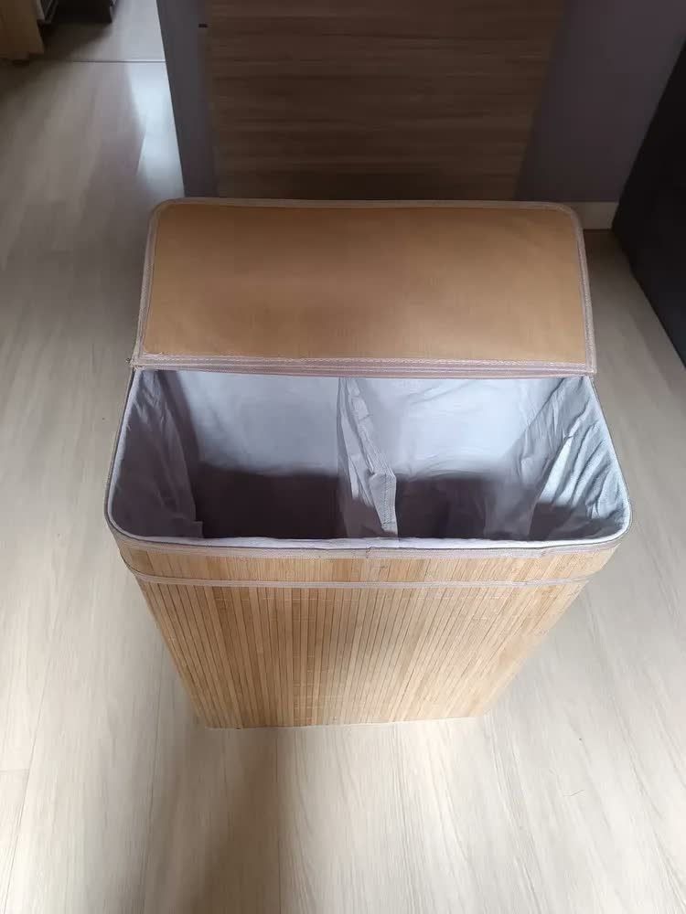 foto de Cesto Roupa Suja Grande Duplo Bambu Dobrável Com Tampa 100L