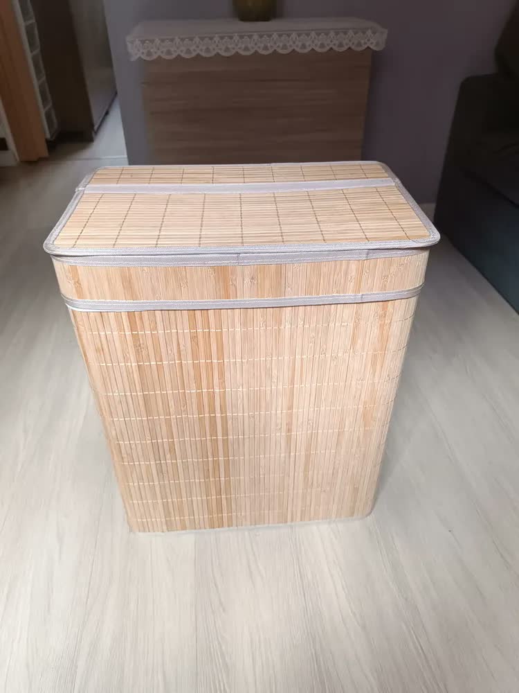 foto de Cesto Roupa Suja Grande Duplo Bambu Dobrável Com Tampa 100L