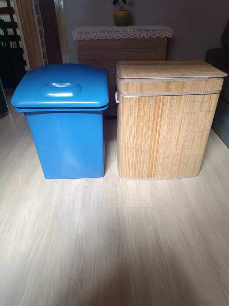 foto de Cesto Roupa Suja Grande Duplo Bambu Dobrável Com Tampa 100L