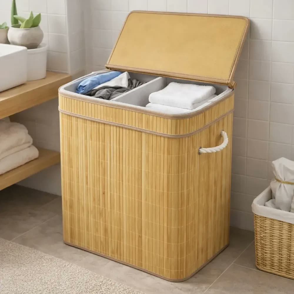 Cesto Roupa Suja Grande Duplo Bambu Dobrável Com Tampa 100L