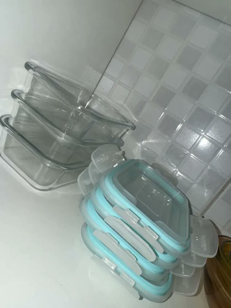 foto de Kit 10 Potes 370ml Vidro Hermetico Marmita Fitness Com Tampa Quatro Travas Retangular Anti Vazamento