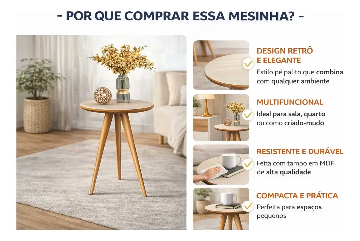 foto de Mesa Lateral Retrô Clássica Canto Sala Quarto Cabeceira45x57