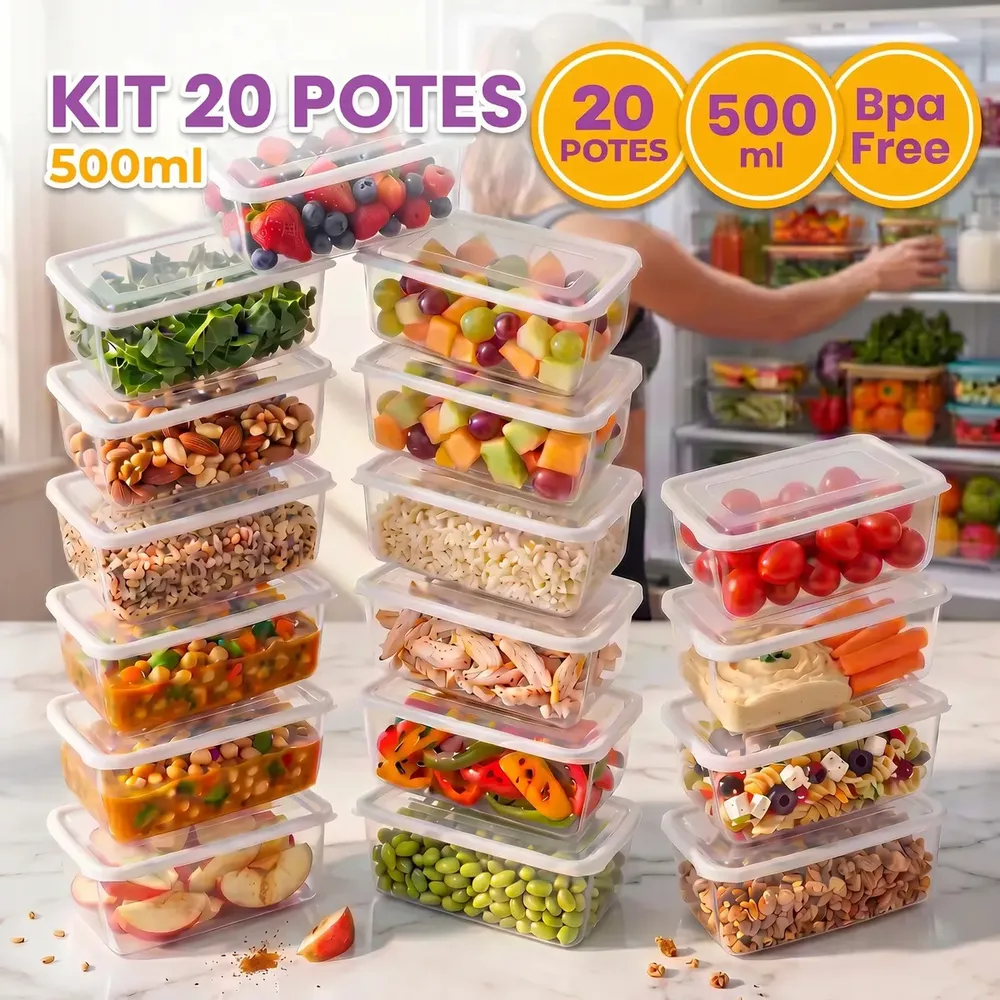 foto de Kit 20 Potes 500 Ml Transparente Marmita Fitness Bpa Free Reutilizável Tampa Hermética Micro E Freezer Ponte Lar Utilidades