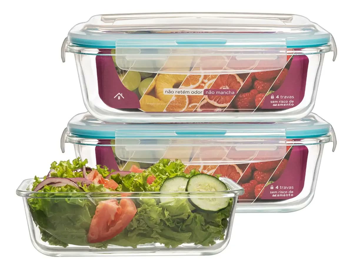 Kit 2 Potes Vidro Retangular 1520ml Hermético Reforçado