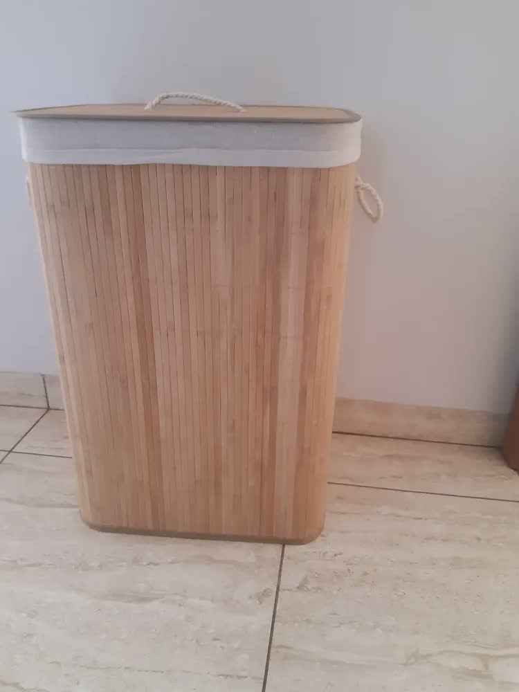 foto de Cesto Bambu T&E Bege 40x30x50cm Com Tampa Para Roupas Sujas 60L