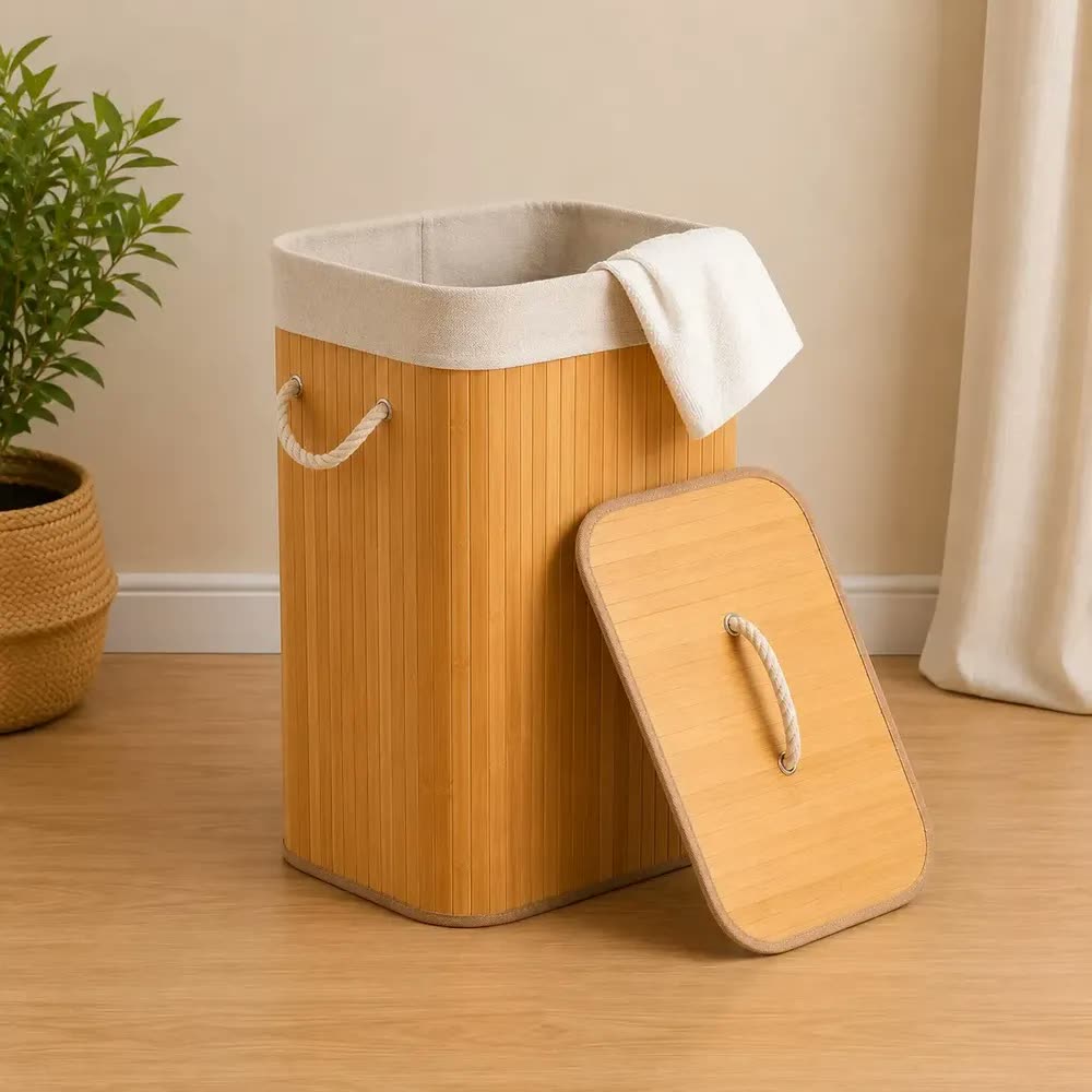 Cesto Bambu T&E Bege 40x30x50cm Com Tampa Para Roupas Sujas 60L