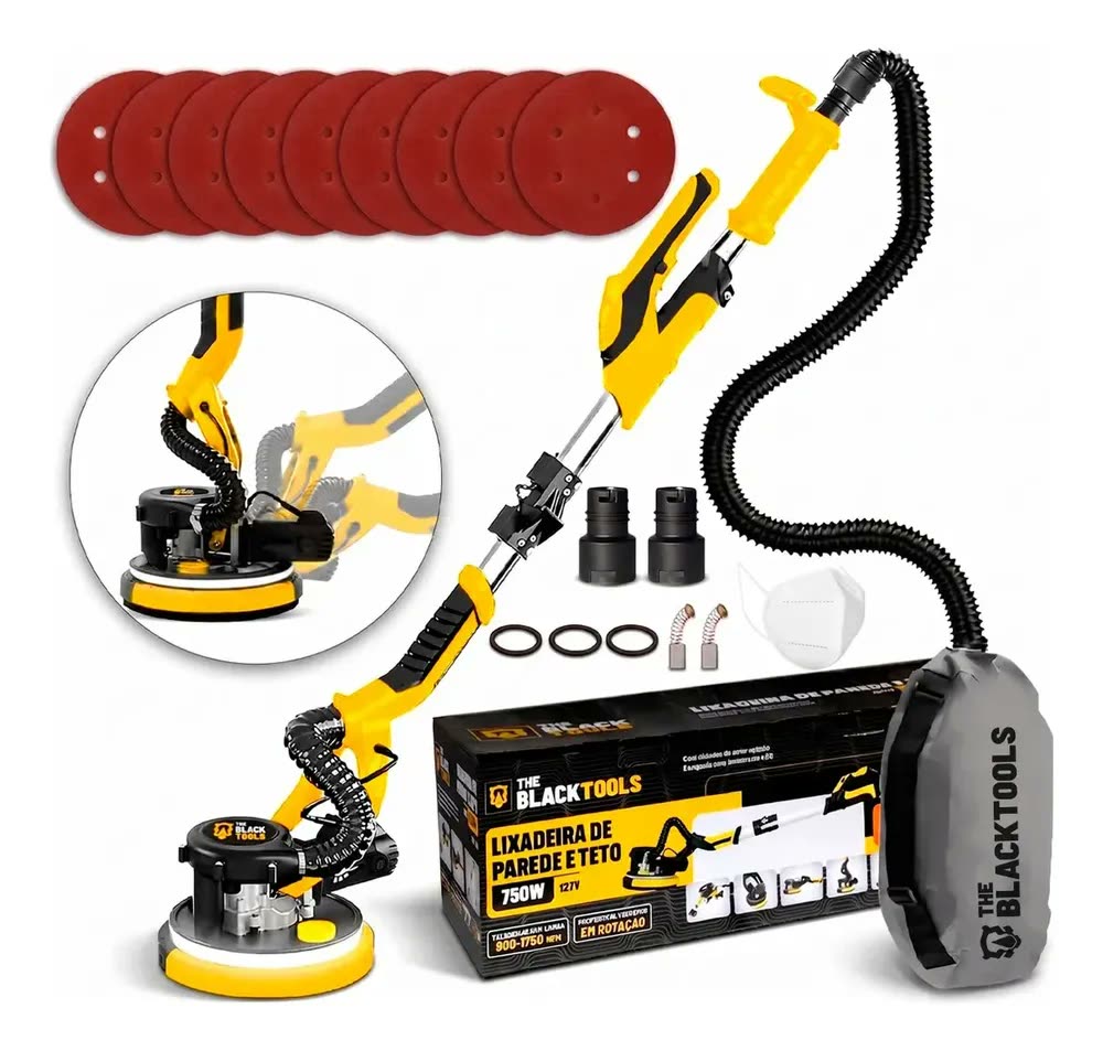 Lixadeira Teto E Parede Telescópica Profissional Com Led E Saco Coletor The Black Tools Btl750 750w