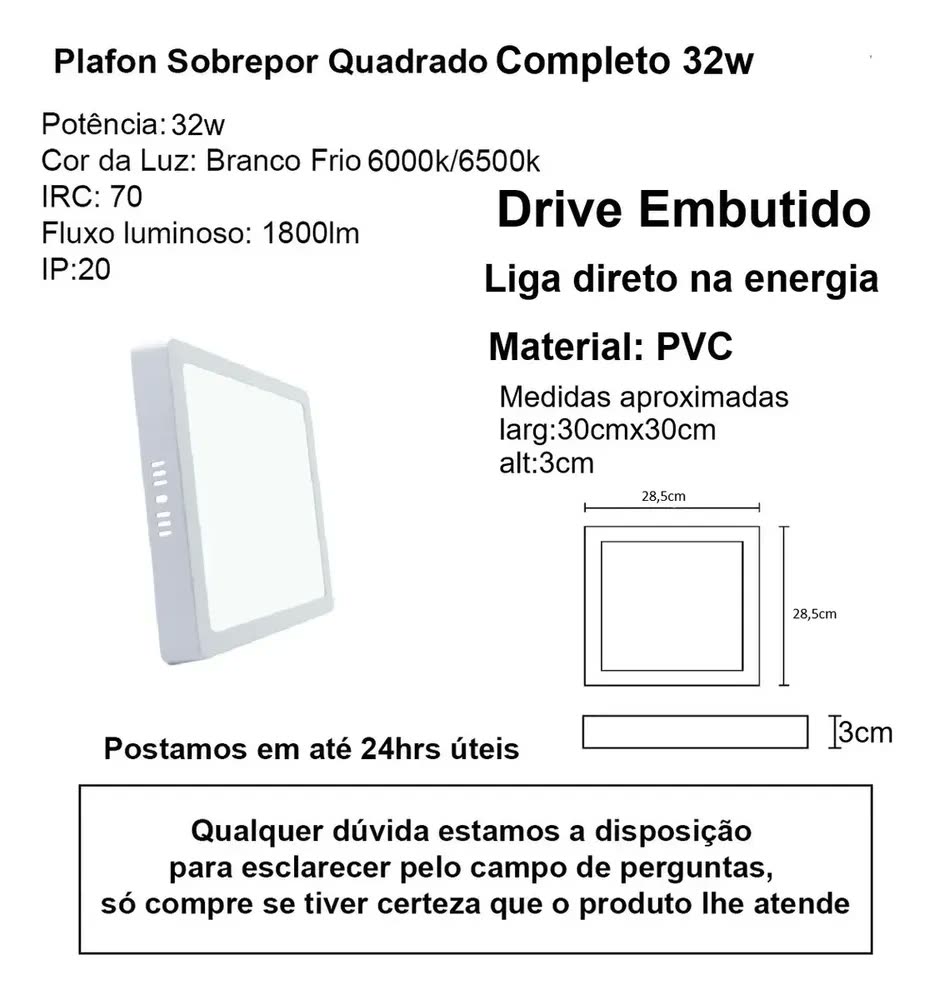 foto de Plafon Luminária Led 30x30 Sobrepor Bivolt Branco Frio 32w Cor Branco-frio 110v/220v (bivolt)