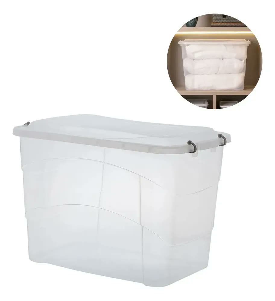 foto de Caixa Organizadora Pratic Box 90L Multiuso Plástico Resistente Tampa C/ Travas Transparente Ferramentas Oficina Garagem Cama Escritório Grande Capacidade Armazenamento Profissional Paramount