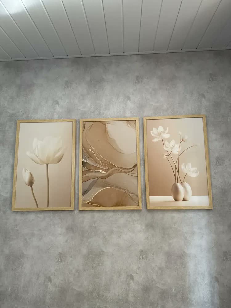 foto de Kit 3 Quadros Decorativos Abstrato Flores Bege Boho Moldura