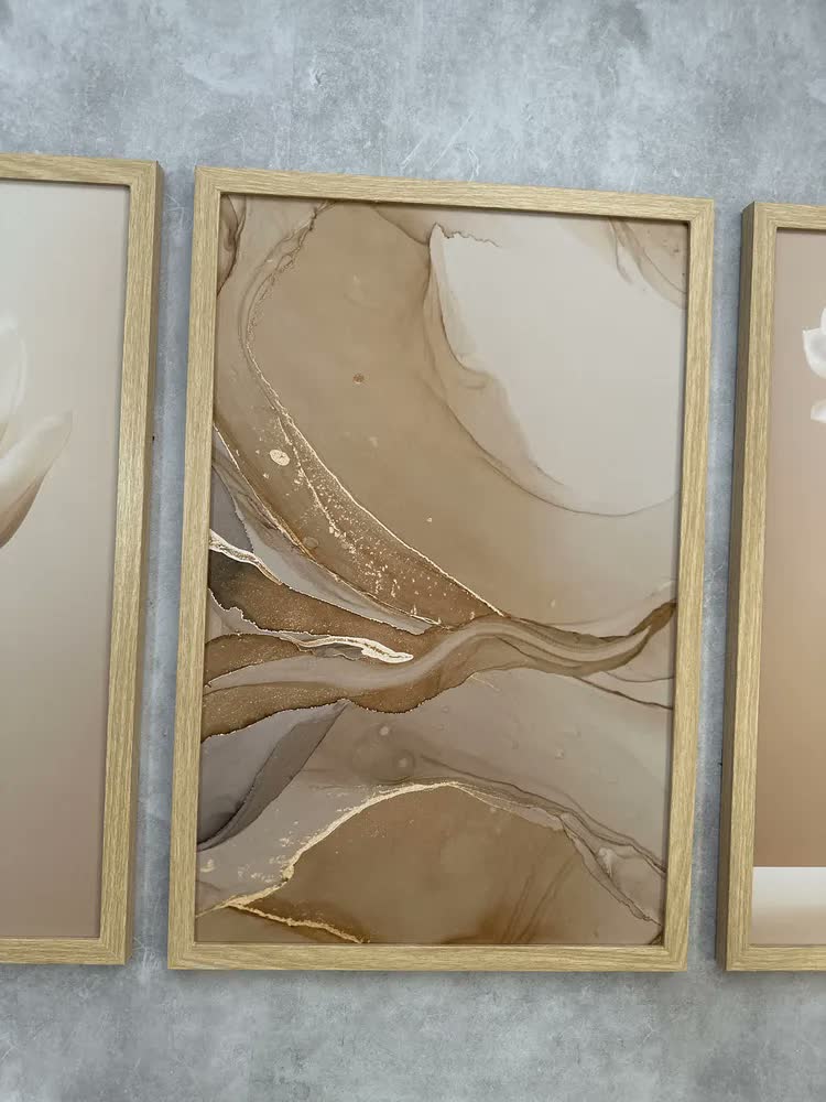 foto de Kit 3 Quadros Decorativos Abstrato Flores Bege Boho Moldura