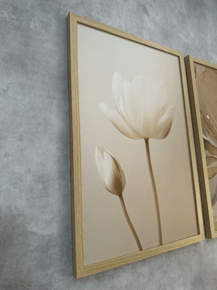 foto de Kit 3 Quadros Decorativos Abstrato Flores Bege Boho Moldura