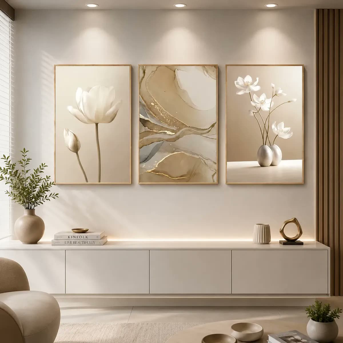 Kit 3 Quadros Decorativos Abstrato Flores Bege Boho Moldura