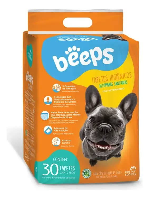 Tapete Higiênico 80x60cm Grande Descartável Cães Beeps Pet Society 30 Unids