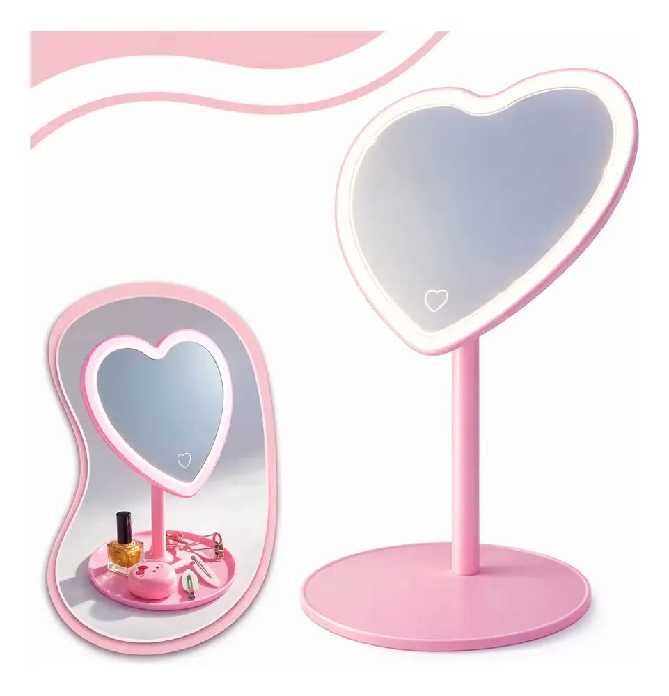 foto de Espelho LED Coração 70 LEDs Rosa Makeup Maquiagem