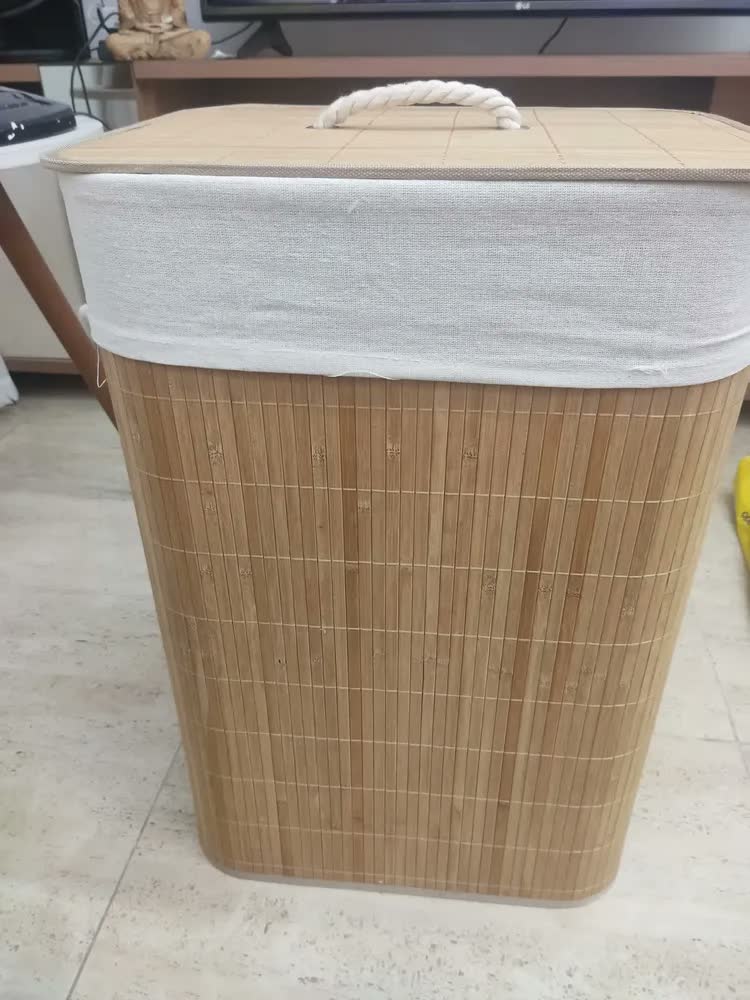 foto de Cesto Roupa Suja Bambu Olga Casa Retangular Bege 60 cm Dobrável