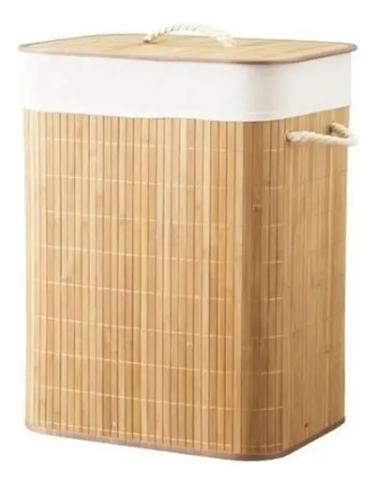 foto de Cesto Roupa Suja Bambu Olga Casa Retangular Bege 60 cm Dobrável