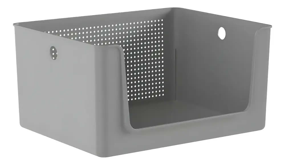 Cesto Organizador Flow Abertura Frontal 16L Chumbo CFW1000CHF OU Plástico Resistente Multiuso Para Roupas Produtos de Limpeza Alimentos Brinquedos Papel Higiênico Armário Prateleira