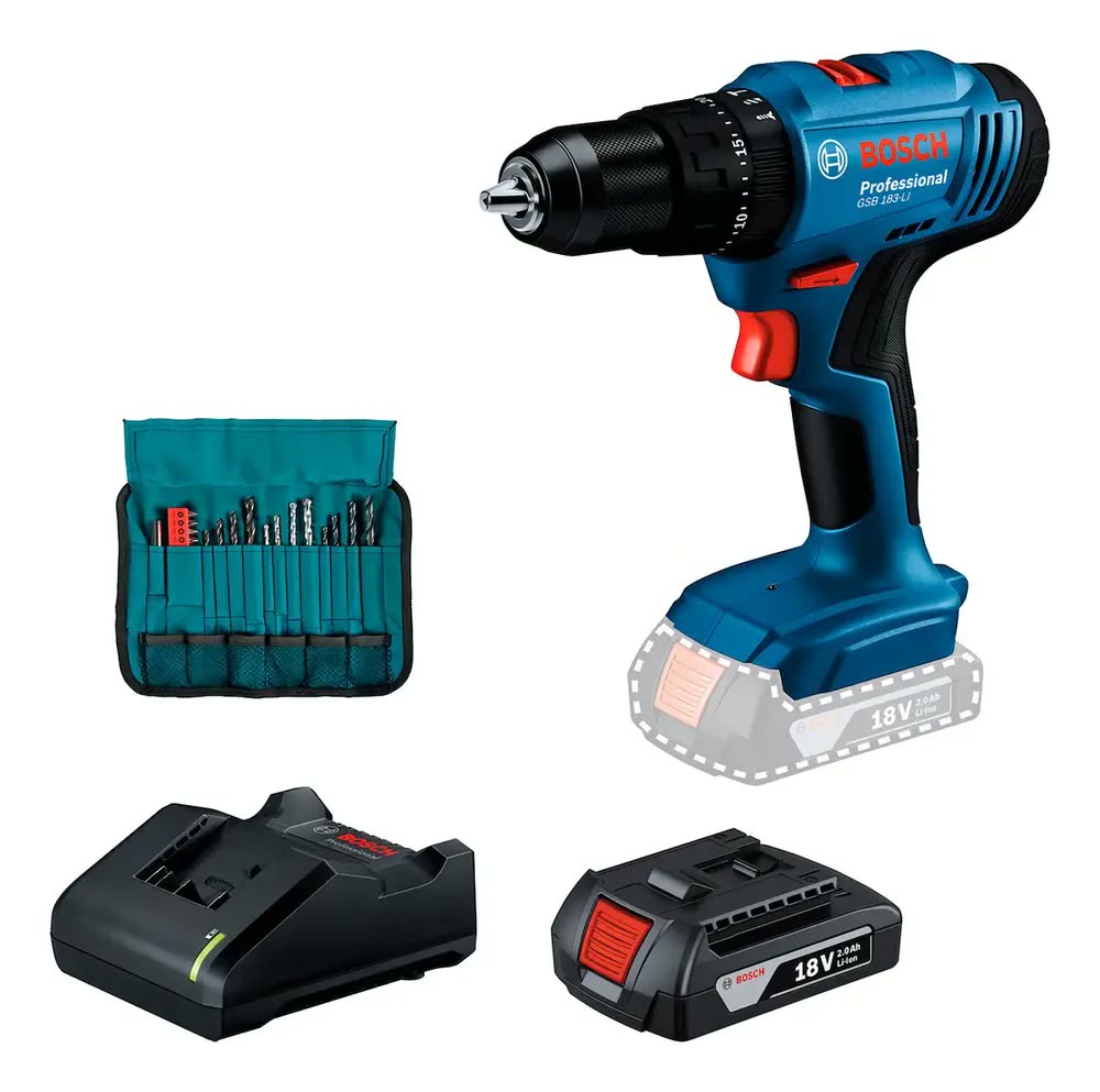 Kit Furadeira Parafusadeira Impacto Sem Fio Bosch GSB 183-LI Cor Azul Frequência 50 Hz / 60 Hz