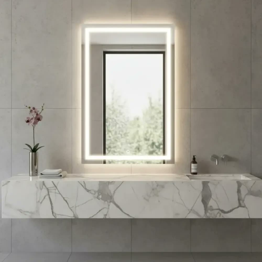 Espelho retangular 90x50 jateado com led 3 cores e touch moldura led frio