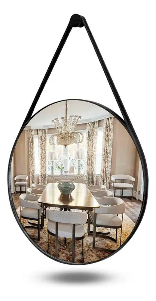 foto de Espelho Redondo Decorativo Adnet Suspenso 50cm + Suporte Moldura Preto