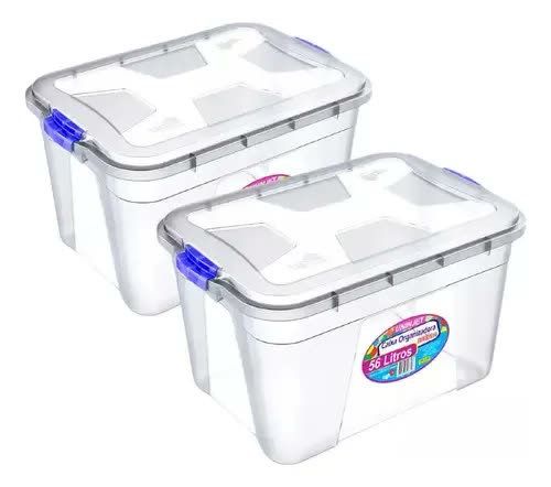 Kit 2 Caixas Organizadora Multiuso Transparente 56 Litros