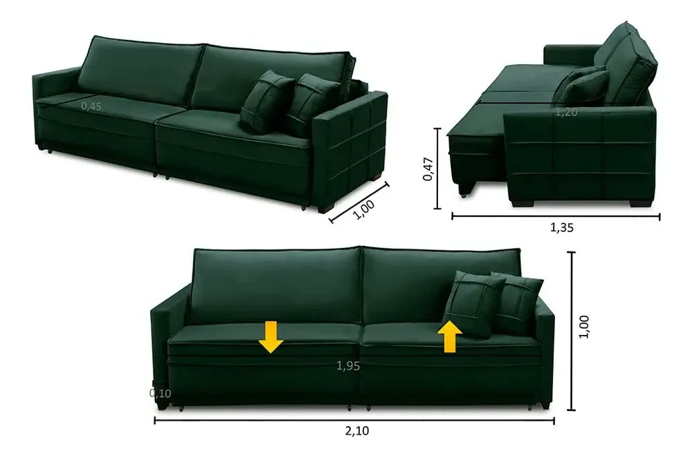 Sofá Cama Retrátil Reclinável 2,10m Molas Karen Velud Cor Verde