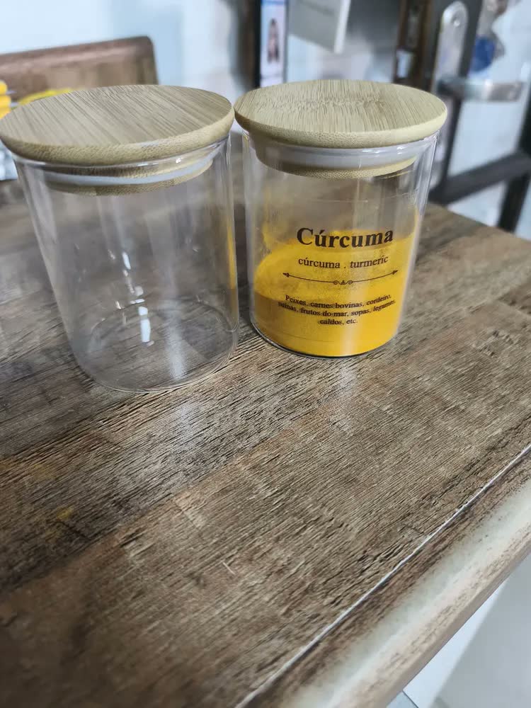 foto de Kit 6 Potes Vidro Tampa Bambu Hermético Temperos 200ml