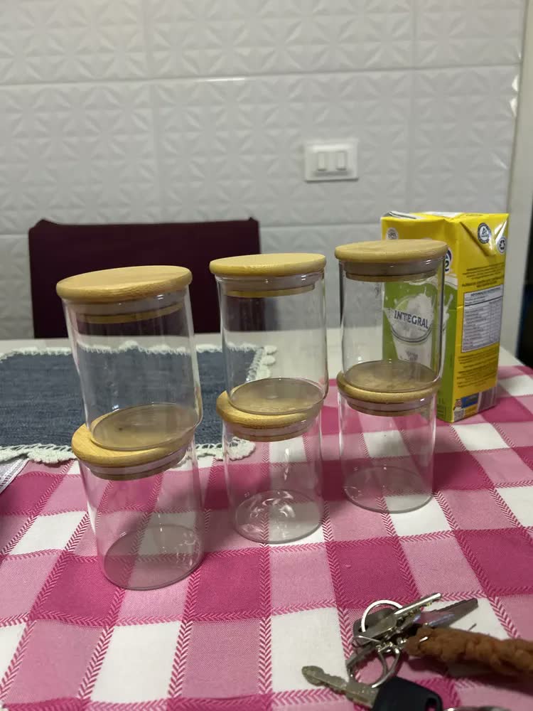 foto de Kit 6 Potes Vidro Tampa Bambu Hermético Temperos 200ml