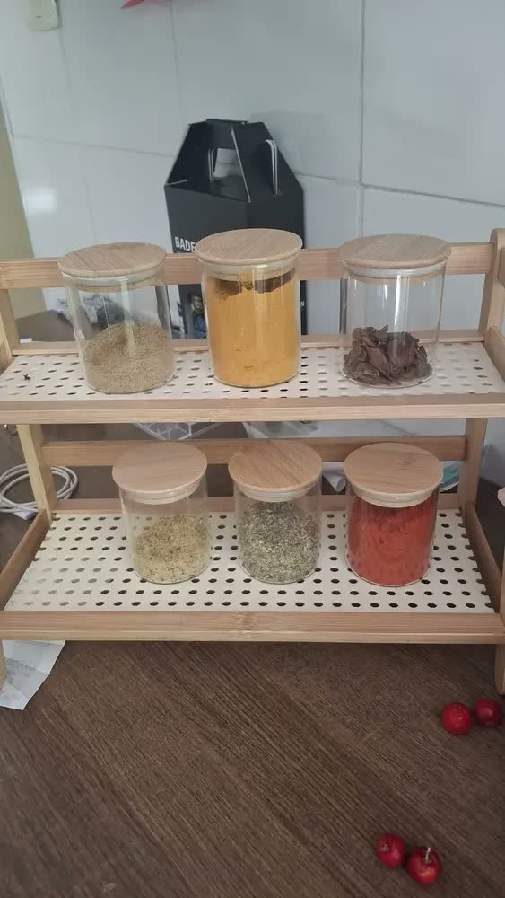foto de Kit 6 Potes Vidro Tampa Bambu Hermético Temperos 200ml