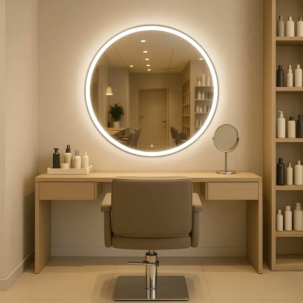 foto de Espelho Jateado Redondo 60x60 Led 3 Cores