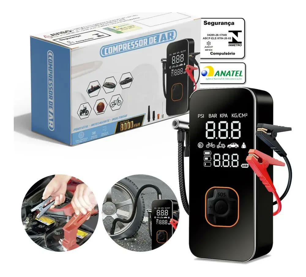 Compressor de Ar Digital para Pneus com Auxiliar de Partida, Power Bank e Lanterna LED