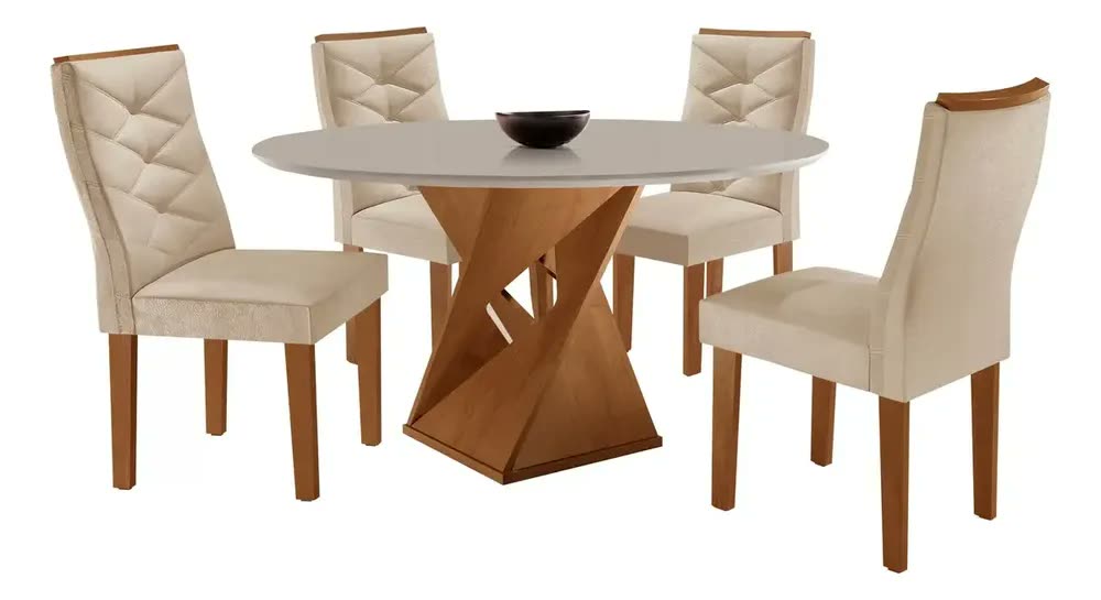 Yescasa conjunto mesa redonda com 4 cadeiras tampo mdf cinamomo/off white/suede pena