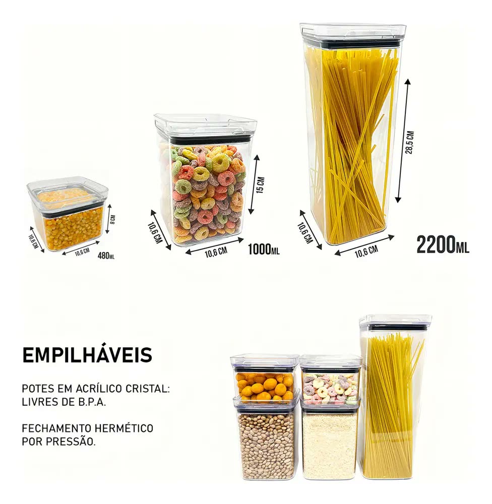 Kit Potes Porta Mantimento Hermético Quadrado Cozinha 12 Uni