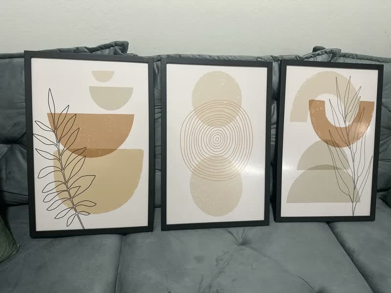 foto de Quadros Decorativos Abstrato Folhagem Bege Sala Com Moldura