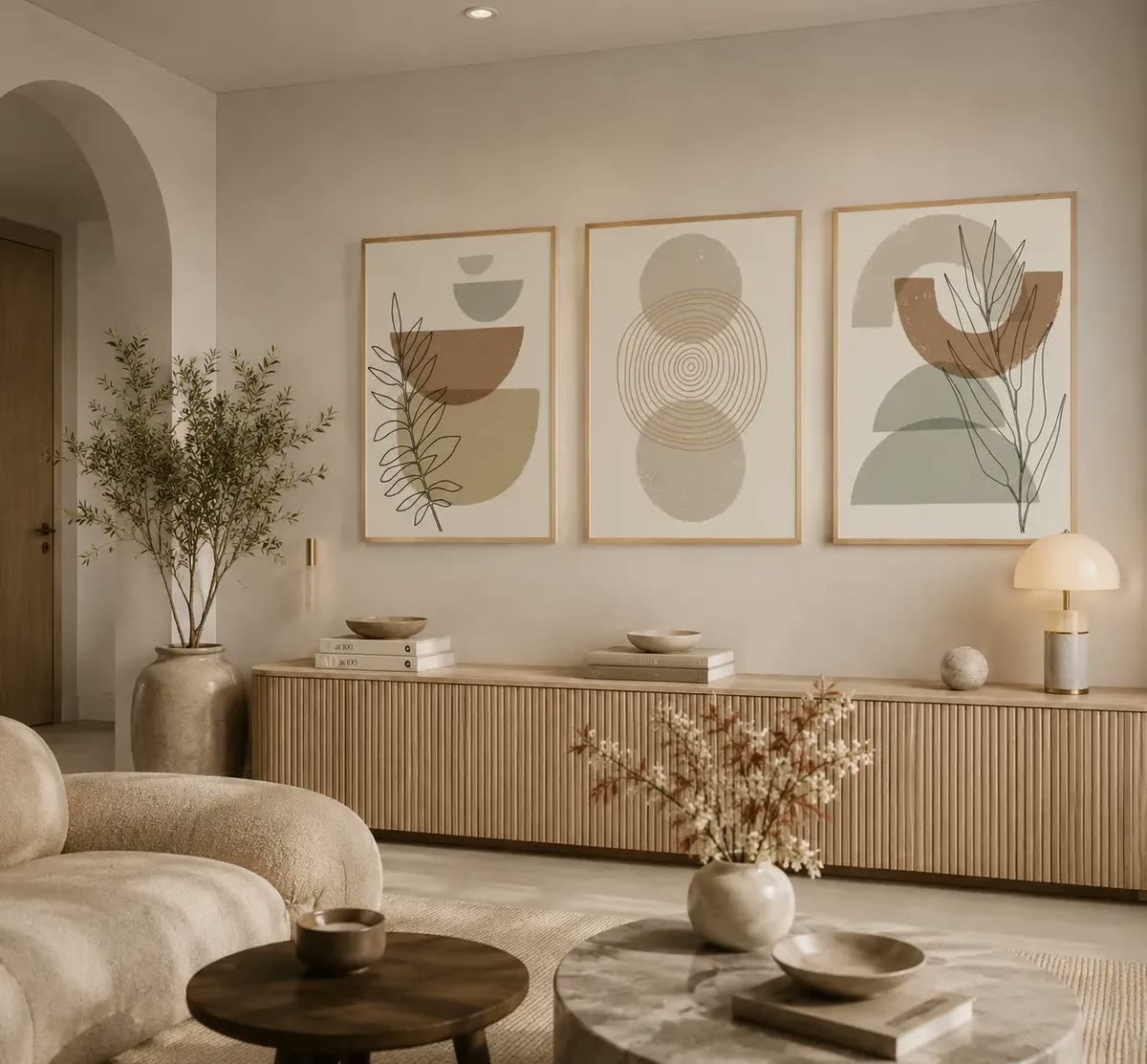 Quadros Decorativos Abstrato Folhagem Bege Sala Com Moldura