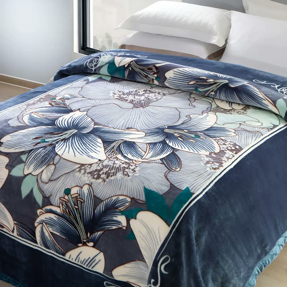 Cobertor Casal Jolitex Raschel Plus Charleston Azul-escuro Florido