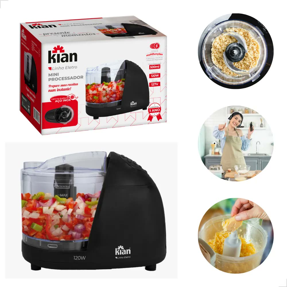 Mini Processador Elétrico de Alimentos Kian 500 mL Preto
