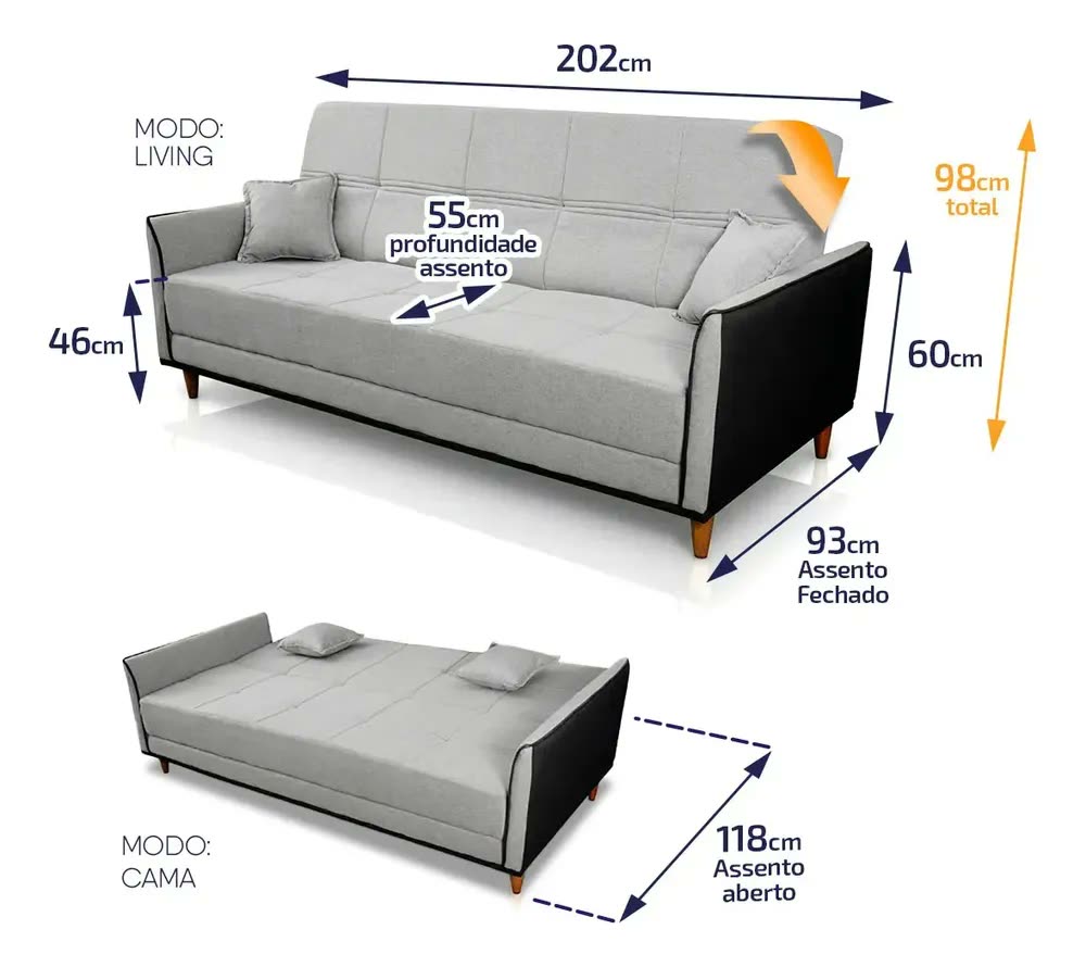 Sofá Cama Sérvia 2,00m Cinza Linho Rústico - King House